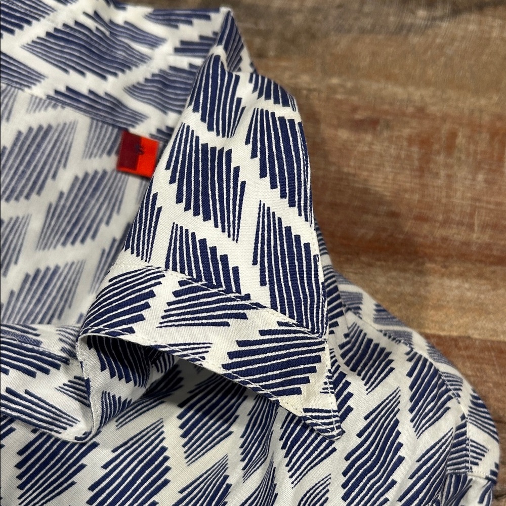 Navy Patterned White Cotton Button Down From Ital… - image 8